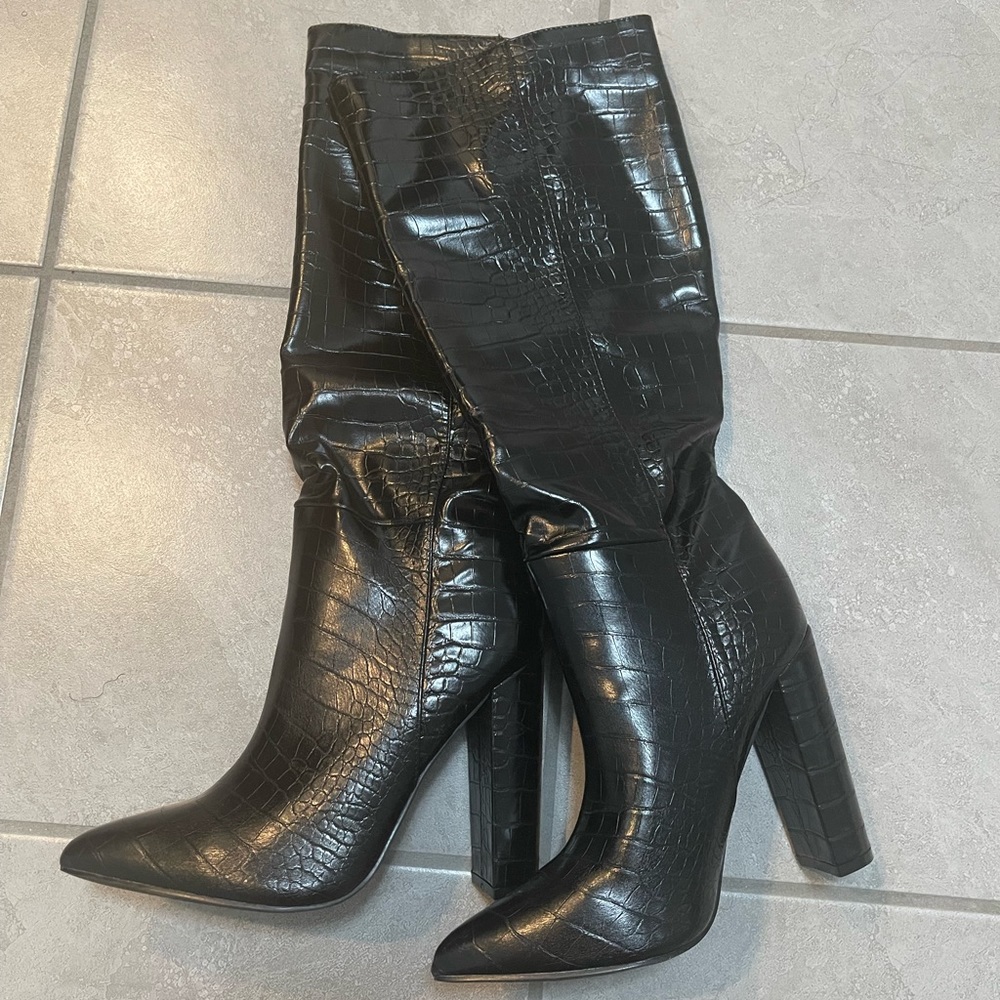 Black faux leather croc knee boots